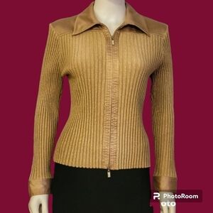 Fontana Metallic Tan Gold Satin Ribbed Zipper Sweater